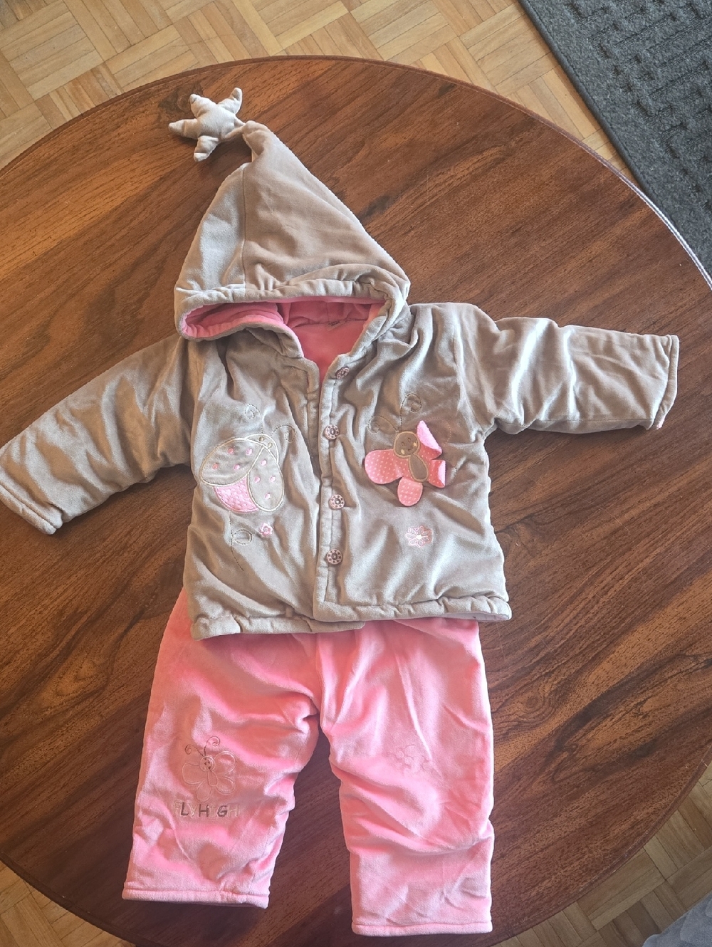 Baby Girl Hooded Jacket and Pants Set - Taupe and Pink